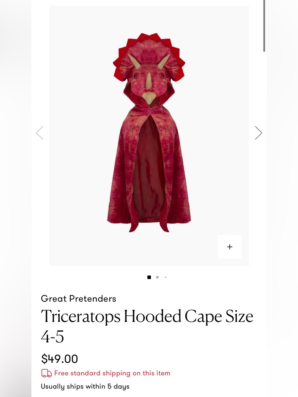 Great Pretenders- Red Triceratops Hooded Cape - Kids Costume